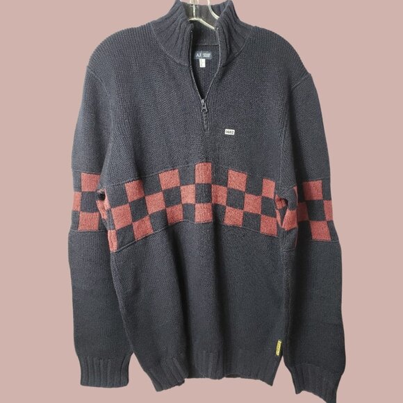 Armani Jeans Vtg Mens Black & Red Checkered Half-Zip Sweater Made In Italy Large